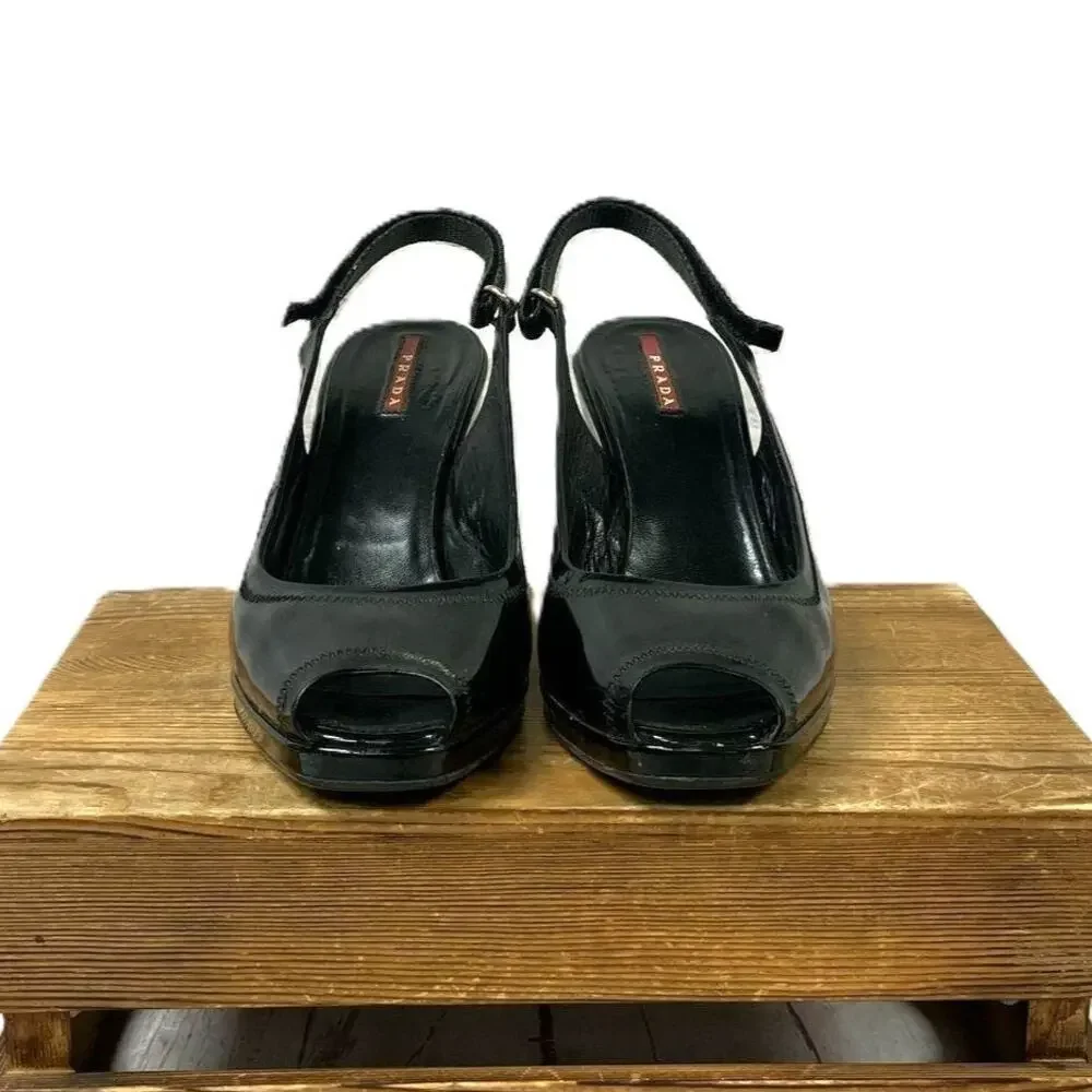 Prada Black Sport Patent Leather Peep Toe Wedge Slingback Sandals 41